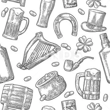 Saint Patrick Day. hat, Pot coins, pipe, beer, lyre, horseshoe Stock Illustration