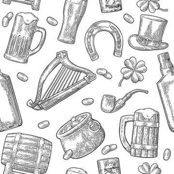 Saint Patrick Day. hat, Pot coins, pipe, beer, lyre, horseshoe Illustrazione stock