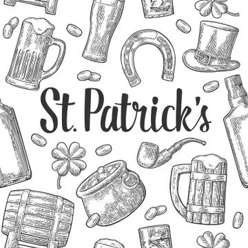 Saint Patrick Day. hat, Pot coins, pipe, beer, lyre, horseshoe Stock Illustration