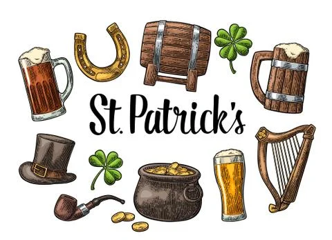 Saint Patrick Day. hat, Pot coins, pipe, beer, lyre, horseshoe Stock Illustration