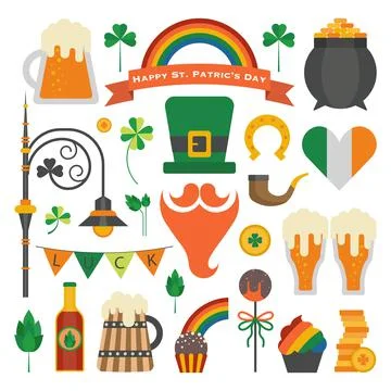 Saint Patrick Day Icon Set in Flat Stock Illustration