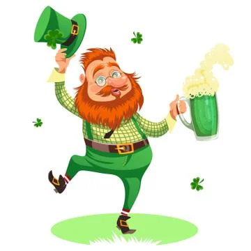Saint patrick day leprechaun with mug of green beer, glass full alcohol ale Stock Illustration