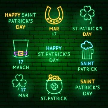 Saint Patrick Day Neon Label Set Stock Illustration