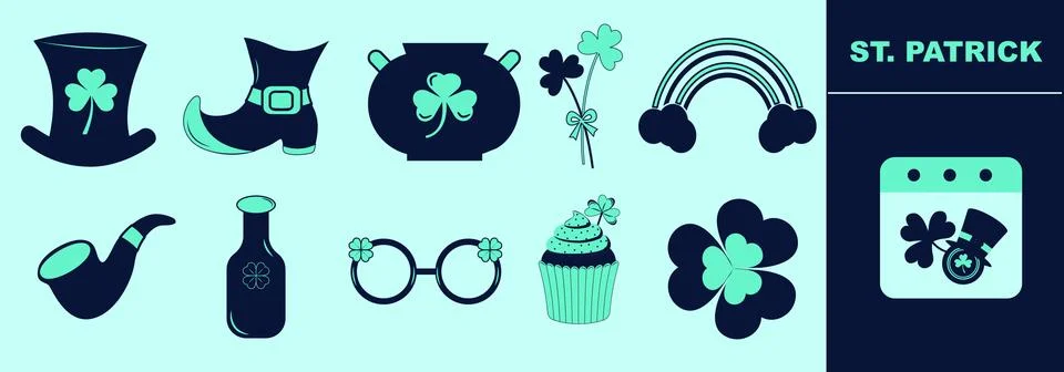 Saint Patrick icon set leprechaun, hat, pot of gold, shamrock, rainbow. Stock Illustration
