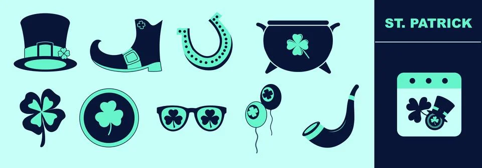 Saint Patrick icon set leprechaun, horseshoe, pot of gold, shamrock, coin. Stock Illustration