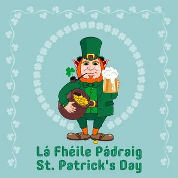 Saint Patrick s Day party flyer. Leprechaun with a mug of beer, a pipe, gold Stock Illustration