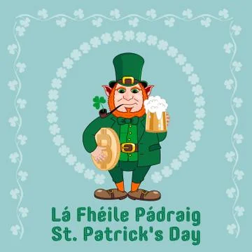 Saint Patrick s Day party flyer. Leprechaun with a mug of beer, a pipe, bitcoin Stock Illustration