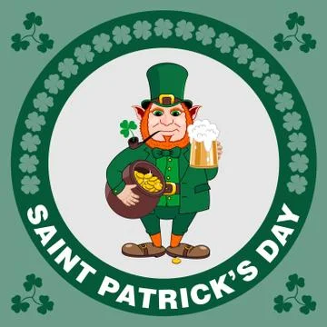 Saint Patrick s Day party flyer. Leprechaun with a mug of beer, a pipe and a 스톡 일러스트