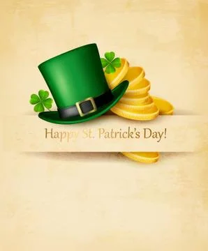 Saint patrick's day background with clover leaves, green hat and gold coins.  Stock Illustration