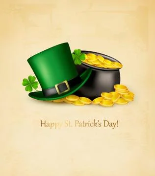 Saint patrick's day background with clover leaves, green hat and gold coins i Stock Illustration