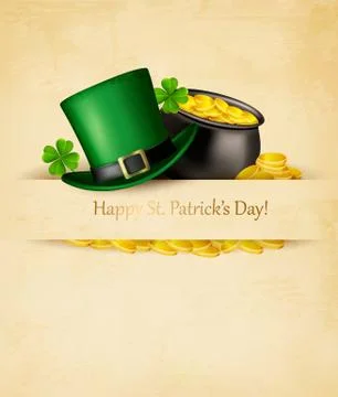 Saint patrick's day background with clover leaves, green hat and gold coins i Stock Illustration
