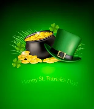 Saint patrick's day background with clover leaves, green hat and gold coins i Stock Illustration