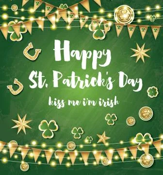 Saint Patrick's Day Background with Clover Leaves, Neon Lights and Golden S.. Stock Illustration