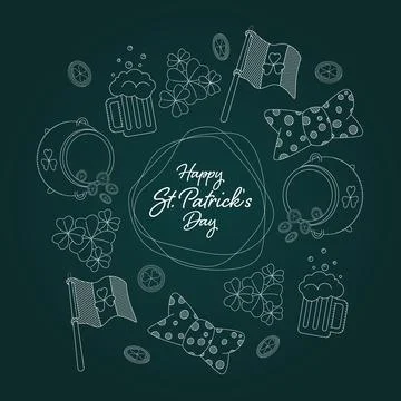 Saint patricks day background with elements of pot with coins, beer, gold coins Stockillustratie