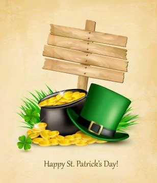 Saint Patrick's Day background with a sign, clover leaves, green hat and gold Stock Illustration