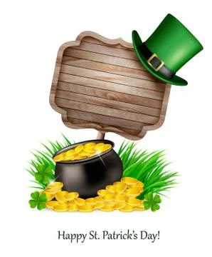 Saint Patrick's Day background with a sign, clover leaves, green hat and gold Stock Illustration