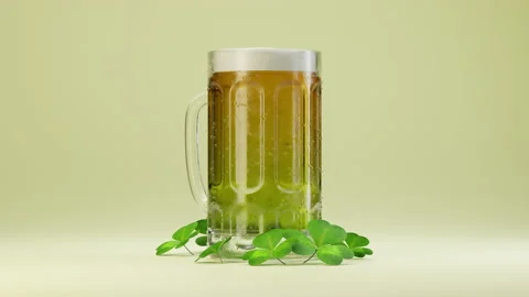 Saint Patrick’s Day beer dynamic rotation, shamrock leaves decoration 스톡 동영상 168942461