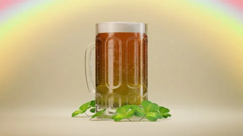 Saint Patrick’s Day beer dynamic rotation, shamrock leaves decoration Stock Footage 168942477