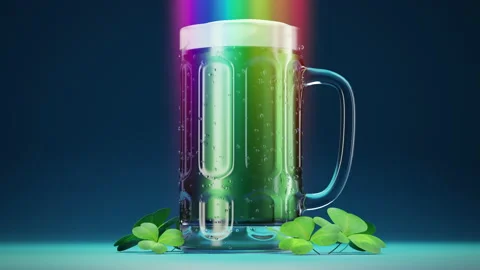 Saint Patrick’s Day beer dynamic rotation, shamrock leaves decoration, rainbow Stockbeeldmateriaal 169392594