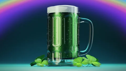 Saint Patrick’s Day beer dynamic rotation, shamrock leaves decoration Stock Footage 169392610
