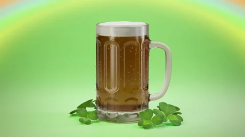 Saint Patrick’s Day beer dynamic rotation, shamrock leaves decoration Stock Footage 169445647