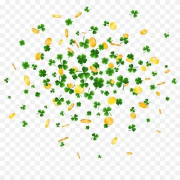 Saint Patrick's Day Border with Green Four and Tree Leaf Clovers and gold coi Stock Illustration