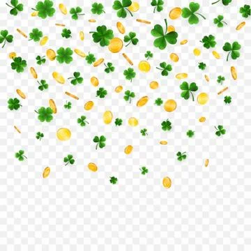 Saint Patrick's Day Border with Green Four and Tree Leaf Clovers and gold coi Stock Illustration