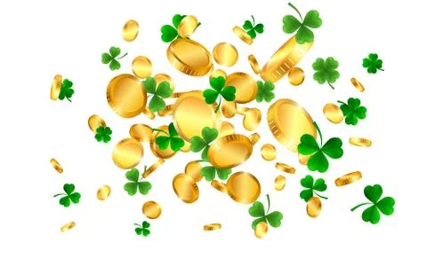 Saint Patrick's Day Border with Green Four and Tree Leaf Clovers and gold coi Stock Illustration
