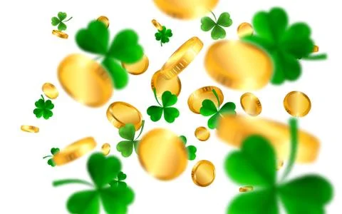 Saint Patrick's Day Border with Green Four and Tree Leaf Clovers and gold coi Stock Illustration