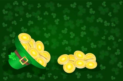 Saint Patricks day card with hat full of golden coins on shamrock background. Stock Illustration