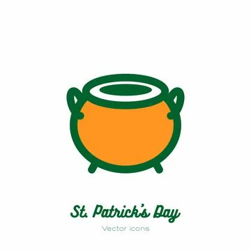 Saint Patricks day cauldron, magic pot vector icon. Orange green line art flat Stock Illustration