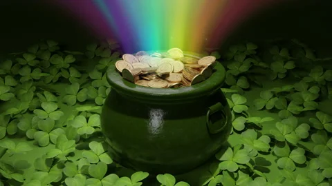 Saint Patrick’s day greeting animation. Pot full of golden coins Stock Footage