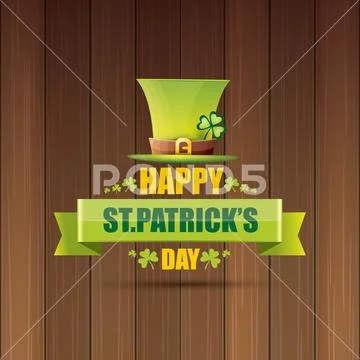 Saint patricks day label or poster with green hat, lucky clovers and vintage Stock Illustration