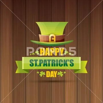 Saint patricks day label or poster with green hat, lucky clovers and vintage Stock Illustration