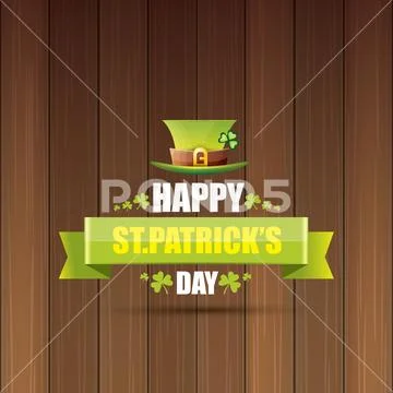Saint patricks day label or poster with green hat, lucky clovers and vintage Stock Illustration