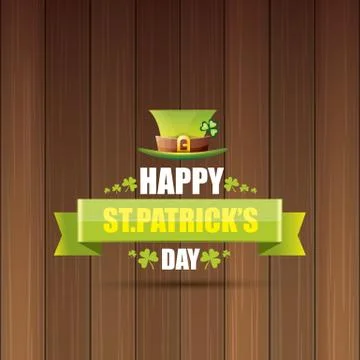 Saint patricks day label or poster with green hat, lucky clovers and vintage Stock Illustration