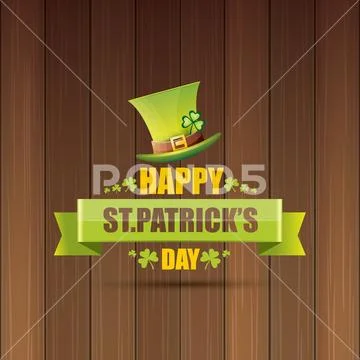 Saint patricks day label or poster with green hat, lucky clovers and vintage Stock Illustration