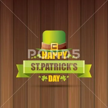 Saint patricks day label or poster with green hat, lucky clovers and vintage Stock Illustration