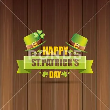 Saint patricks day label or poster with green hat, lucky clovers and vintage Stock Illustration