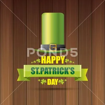 Saint patricks day label or poster with green hat, lucky clovers and vintage Stock Illustration