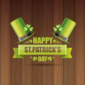 Saint patricks day label or poster with green hat, lucky clovers and vintage Stock Illustration