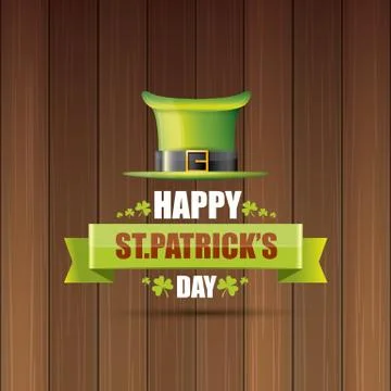 Saint patricks day label or poster with green hat, lucky clovers and vintage Stock Illustration