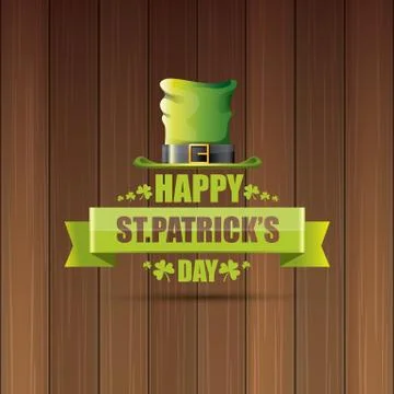 Saint patricks day label or poster with green hat, lucky clovers and vintage Stock Illustration