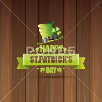 Saint patricks day label or poster with green hat, lucky clovers and vintage Stock Illustration