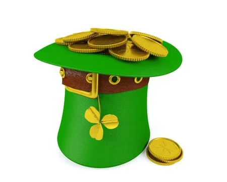 Saint Patrick's Day Leprechaun Hat with Gold Coins, 3D Rendering Stock Illustration