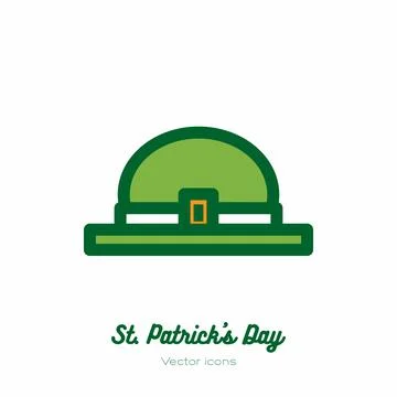 Saint Patricks day leprechaun hat, top hat vector icon. Green orange line art Stock Illustration