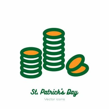 Saint Patricks day magic gold coins vector icon. Orange green line art flat icon Stock Illustration