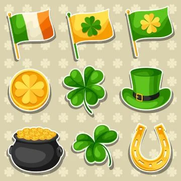 Saint Patricks Day objects. Flag Ireland, pot of gold coins, shamrocks, green Stock Illustration