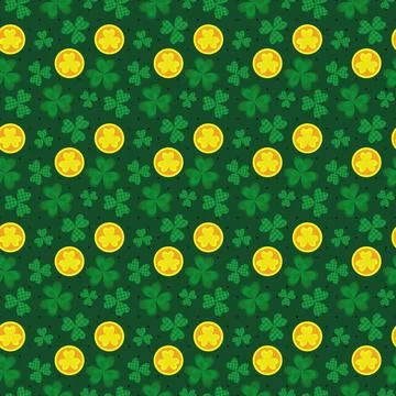 Saint patricks day pattern with elements of gold coin and variable shamrocks Stock Illustration