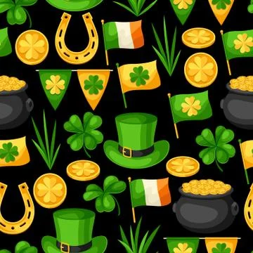 Saint Patricks Day seamless pattern. Flag Ireland, pot of gold coins, shamrocks Stock Illustration